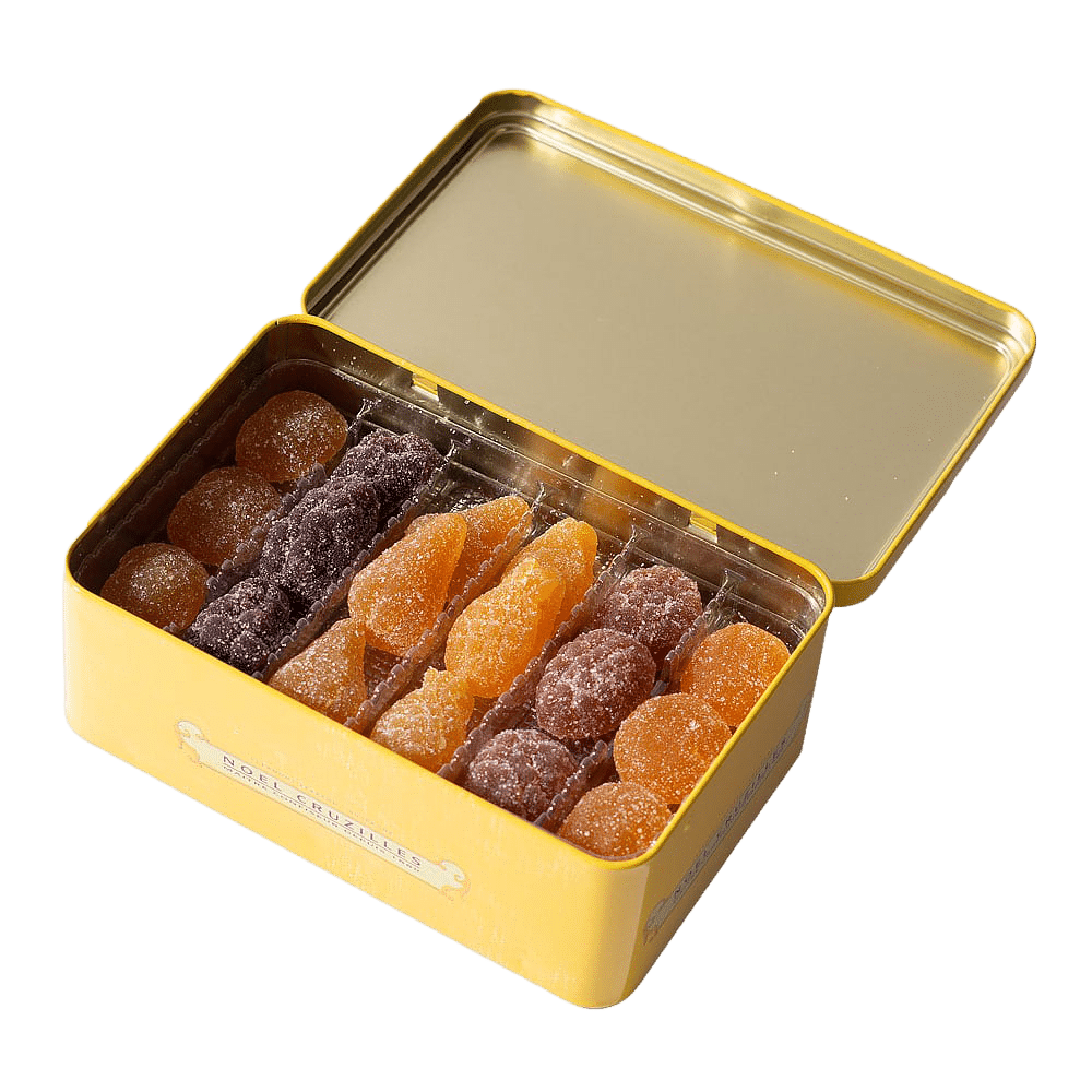 boite metal jaune ouverte pates de fruits forme fruits cruzilles