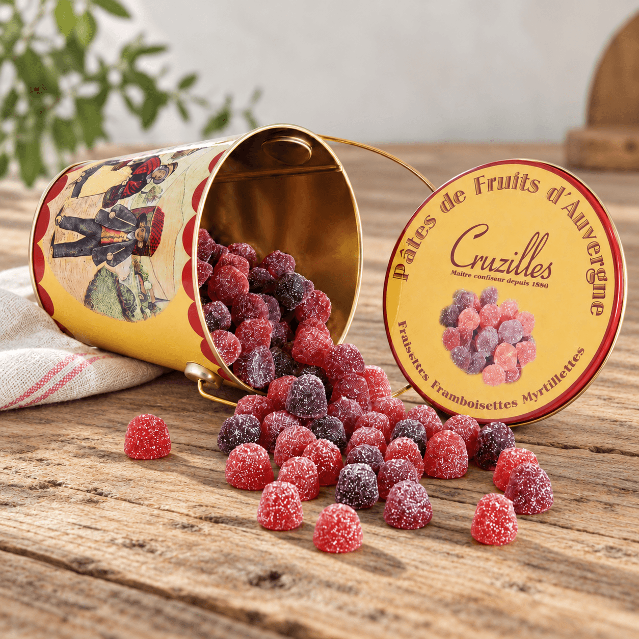 metal bucket of fresh fruit: strawberries, raspberries, blueberries